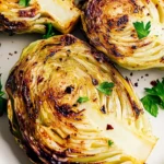 Golden air fryer cabbage wedges served on a white ceramic plate, crispy edges with a tender center.