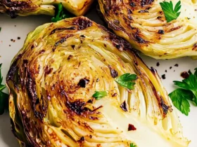 Golden air fryer cabbage wedges served on a white ceramic plate, crispy edges with a tender center.