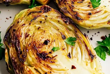 Golden air fryer cabbage wedges served on a white ceramic plate, crispy edges with a tender center.