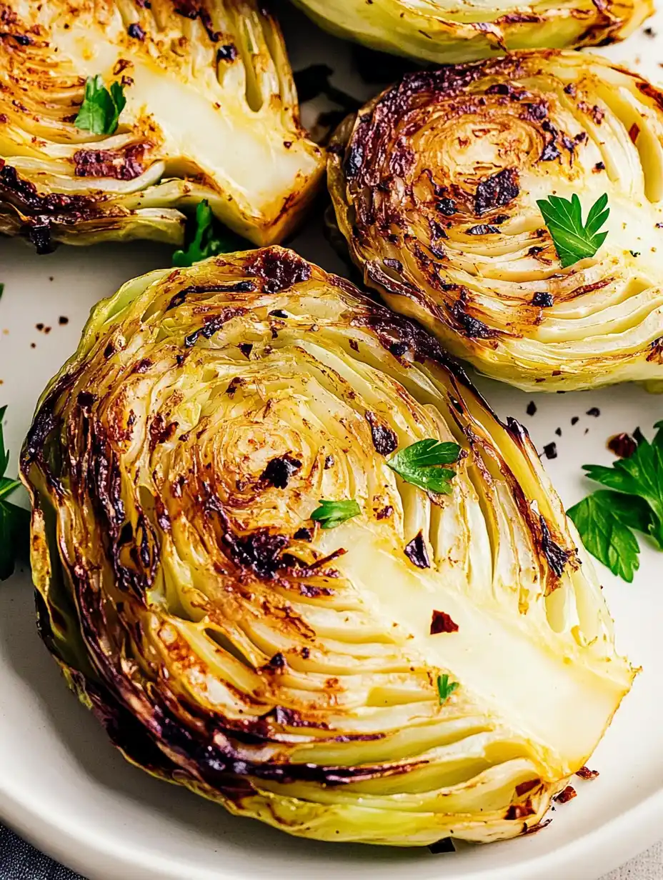 Perfect Air Fryer Cabbage Steaks: Easy Vegan Side! 15 Golden air fryer cabbage wedges served on a white ceramic plate, crispy edges with a tender center.