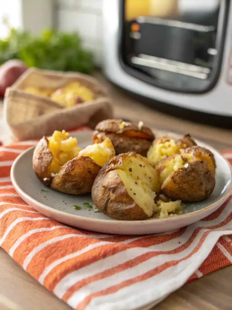 Best Air Fryer Smashed Potatoes 15 Crispy Air Fryer Smashed Potatoes with garlic and herbs served on a white plate.