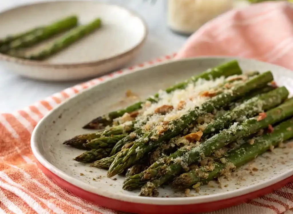 Air Fryer Asparagus Parmesan served crispy with melted cheese on top.