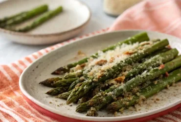 Air Fryer Asparagus Parmesan served crispy with melted cheese on top.