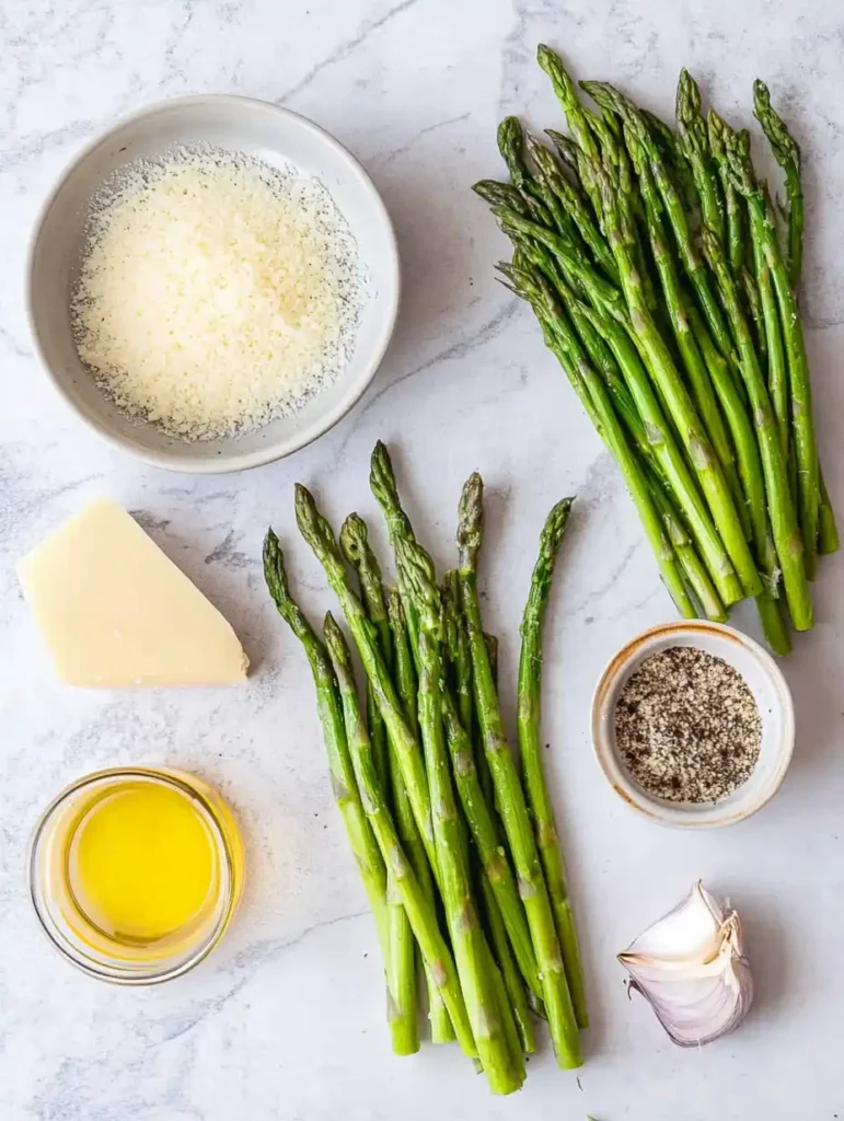 Quick air fryer asparagus parmesan: Perfect Side! 14 Ingredients for Air Fryer Asparagus Parmesan including fresh asparagus, Parmesan cheese, and olive oil.