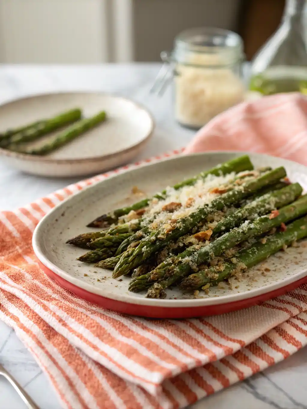 Quick air fryer asparagus parmesan: Perfect Side! 15 Air Fryer Asparagus Parmesan served crispy with melted cheese on top.