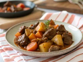 Air Fryer Beef Stew recipe with tender beef chunks, potatoes, carrots, and rich broth served in a bowl.