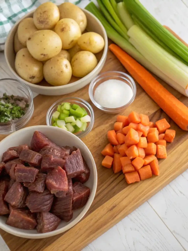 Hearty Air Fryer Beef Stew: Easy Comfort Food! 14 Air Fryer Beef Stew ingredients beef chunks, potatoes, carrots, onions, garlic, broth, and herbs displayed on a board.