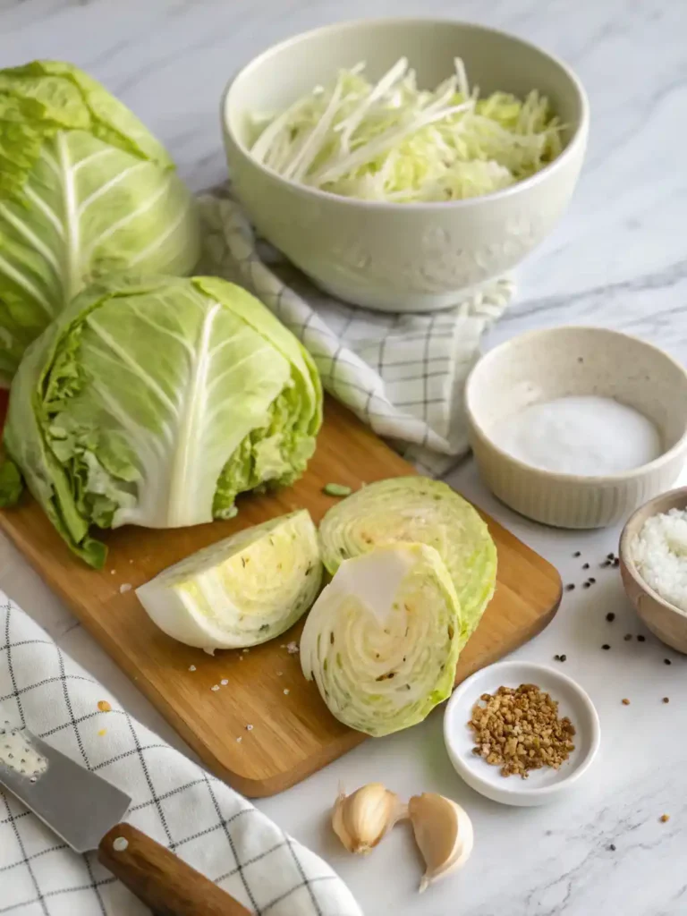Perfect Air Fryer Cabbage Steaks: Easy Vegan Side! 14 Raw cabbage wedges with olive oil, garlic powder, salt, and black pepper on a wooden board.