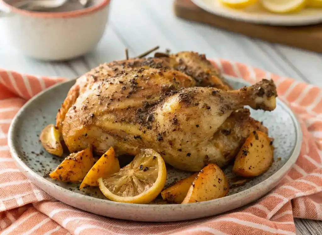 Air fryer chicken lemon pepper recipe with crispy golden chicken pieces garnished with fresh lemon slices and black pepper.
