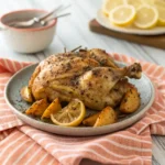 Air fryer chicken lemon pepper recipe with crispy golden chicken pieces garnished with fresh lemon slices and black pepper.