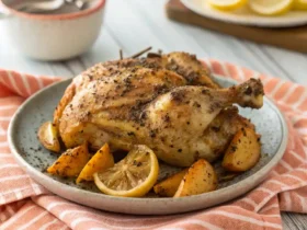 Air fryer chicken lemon pepper recipe with crispy golden chicken pieces garnished with fresh lemon slices and black pepper.