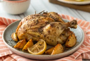 Air fryer chicken lemon pepper recipe with crispy golden chicken pieces garnished with fresh lemon slices and black pepper.