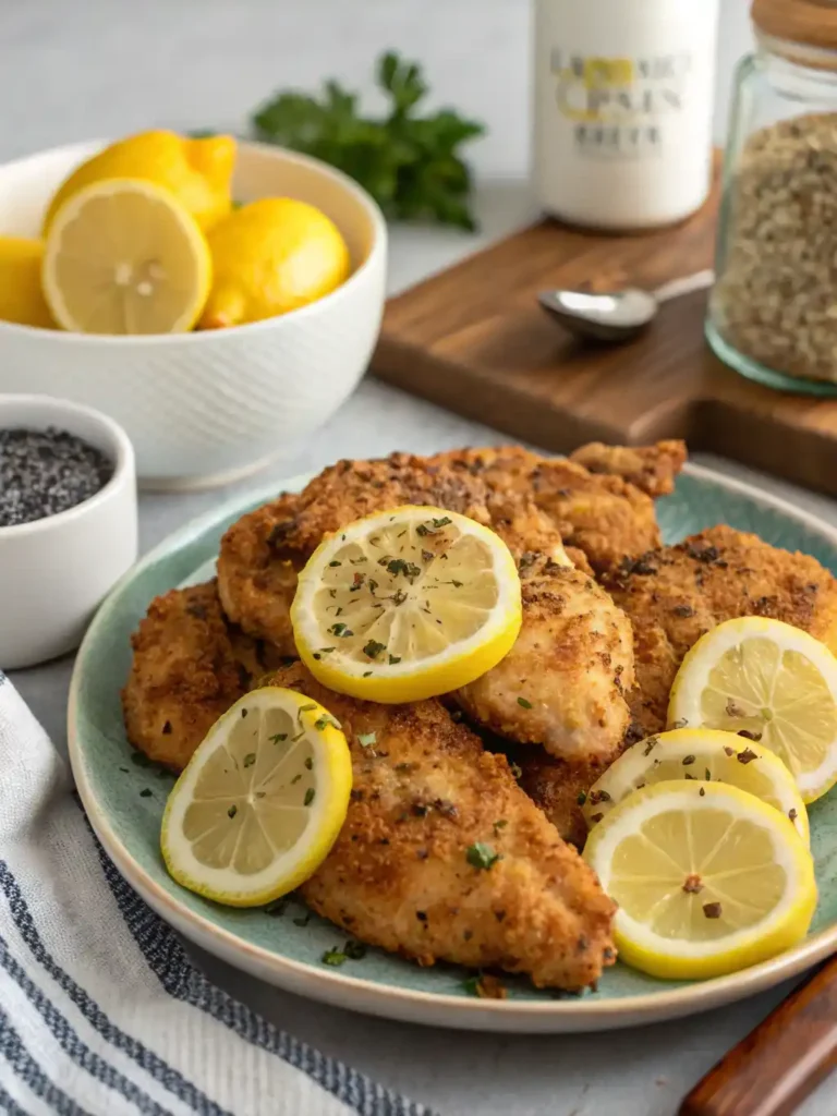 Easy Air Fryer Chicken Lemon Pepper Recipe 14 Air fryer chicken lemon pepper ingredients chicken pieces, lemons, black pepper, olive oil, garlic, and salt displayed on a board.