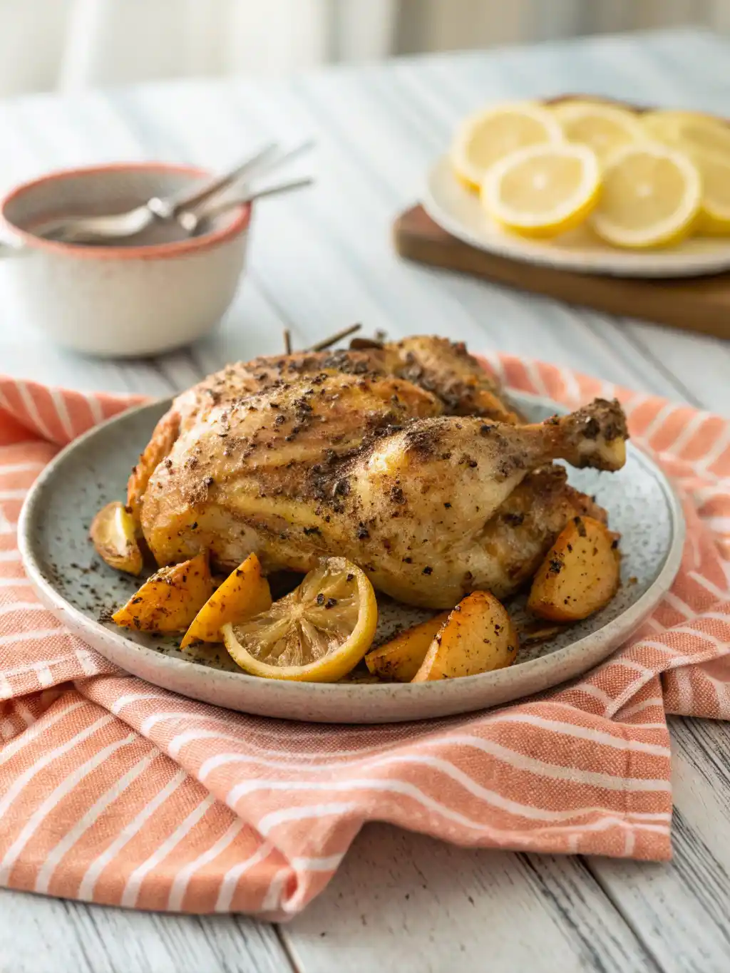 Easy Air Fryer Chicken Lemon Pepper Recipe 15 Air fryer chicken lemon pepper recipe with crispy golden chicken pieces garnished with fresh lemon slices and black pepper.