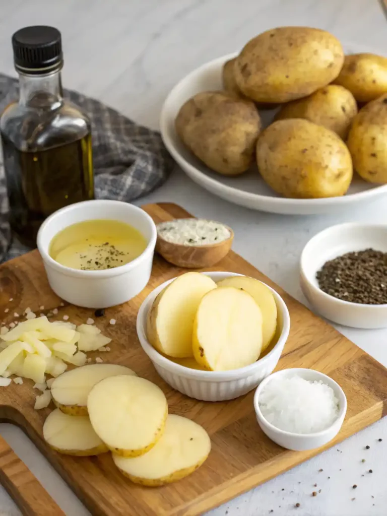 Best Air Fryer Smashed Potatoes 14 Ingredients for Air Fryer Smashed Potatoes: baby potatoes, garlic, olive oil, and fresh herbs.