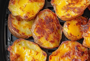 Golden smashed potatoes cooking inside the air fryer crispy and irresistible!