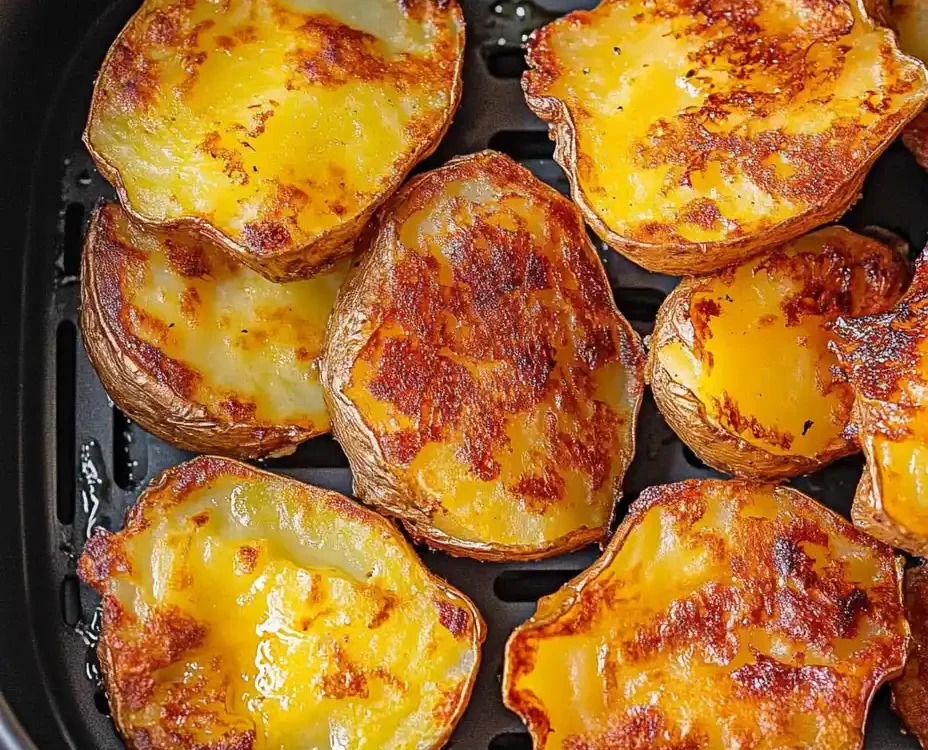 Golden smashed potatoes cooking inside the air fryer crispy and irresistible!