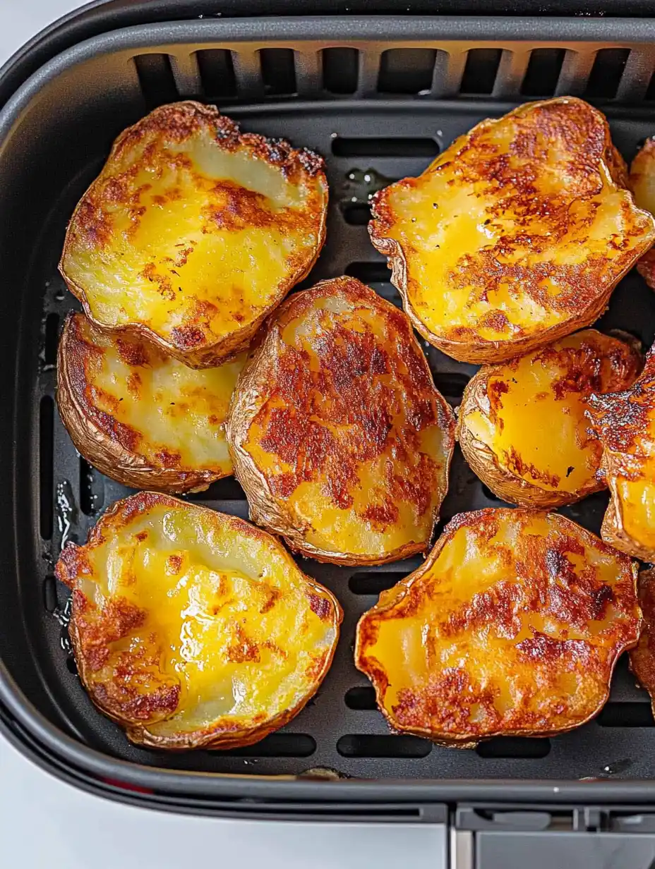 Golden smashed potatoes cooking inside the air fryer crispy and irresistible!