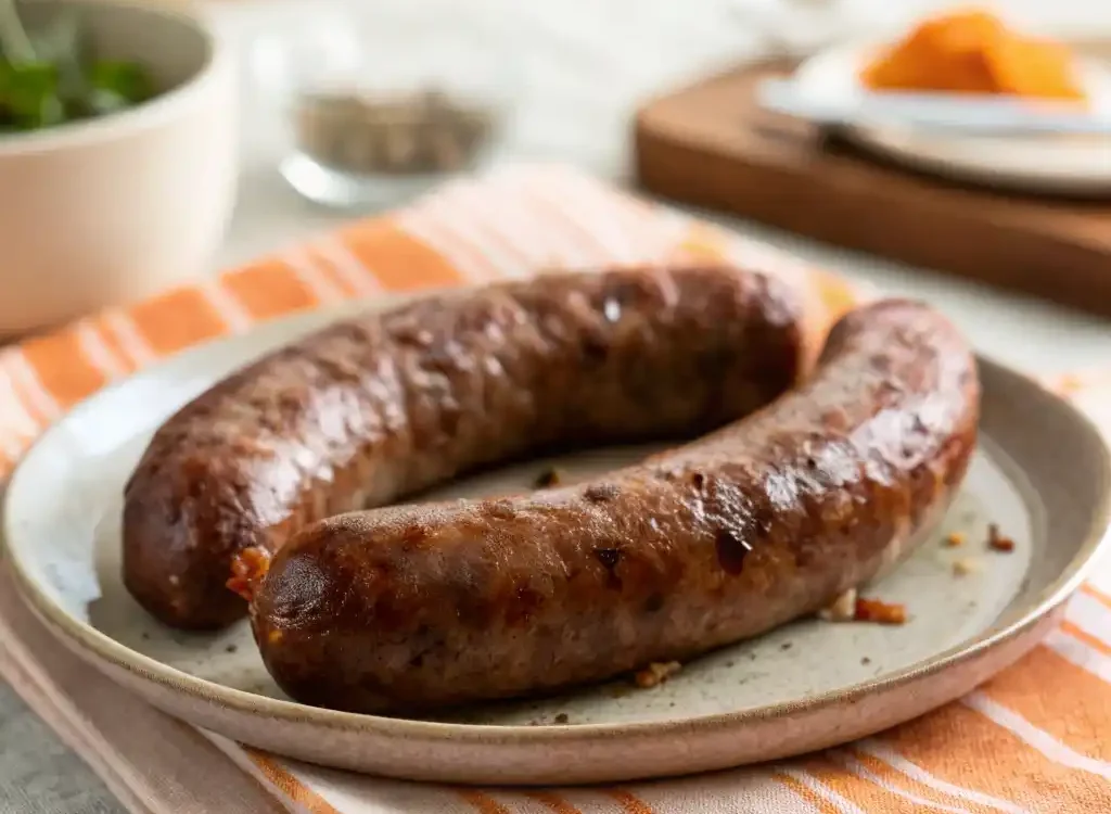 Beef sausage in air fryer recipe with perfectly cooked beef sausages served golden and crispy.