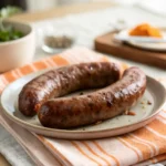 Beef sausage in air fryer recipe with perfectly cooked beef sausages served golden and crispy.