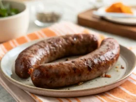 Beef sausage in air fryer recipe with perfectly cooked beef sausages served golden and crispy.