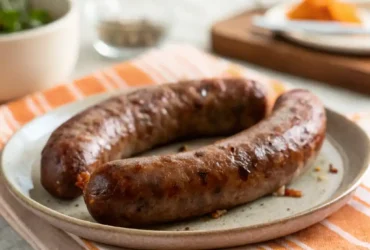 Beef sausage in air fryer recipe with perfectly cooked beef sausages served golden and crispy.