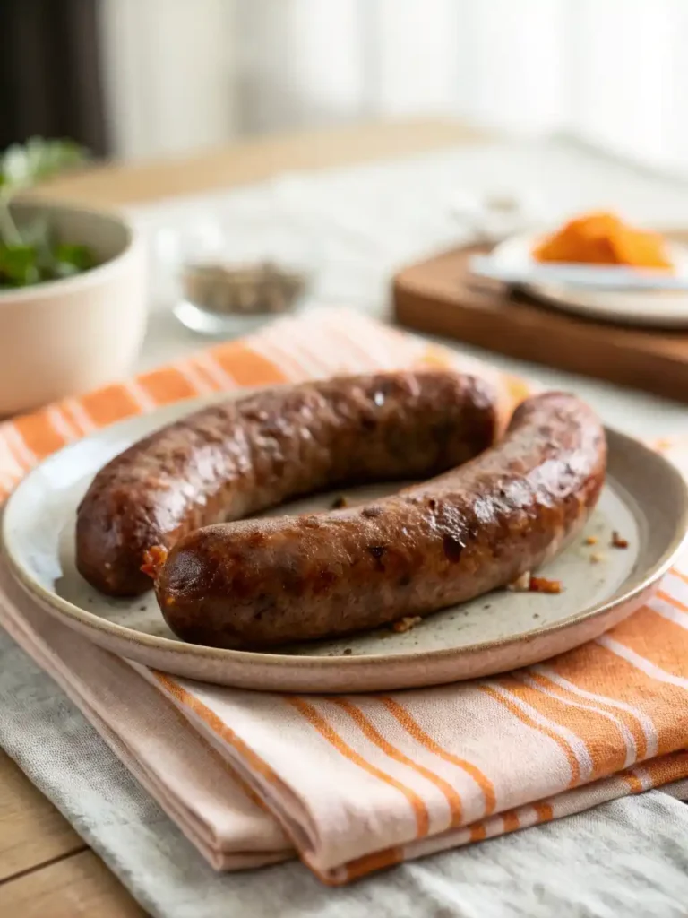 Beef sausage in air fryer recipe with perfectly cooked beef sausages served golden and crispy.