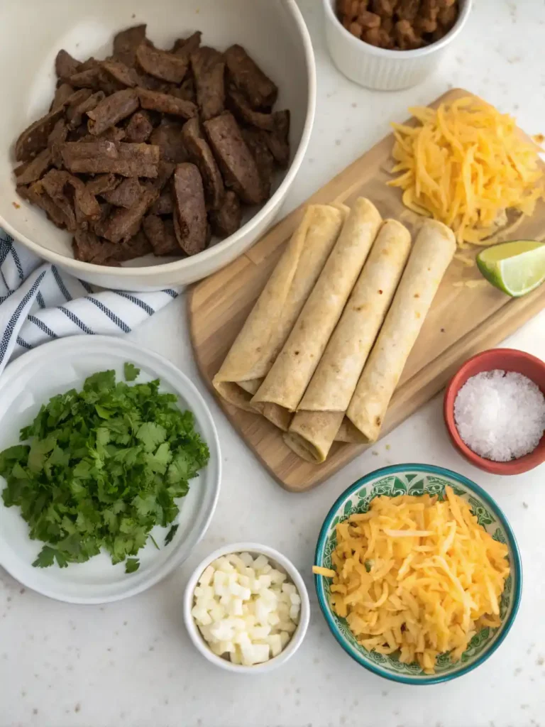 Crispy Beef Taquitos Air Fryer Recipe 14 Beef taquitos air fryer ingredients — tortillas, ground beef, shredded cheese, onions, garlic, and spices.