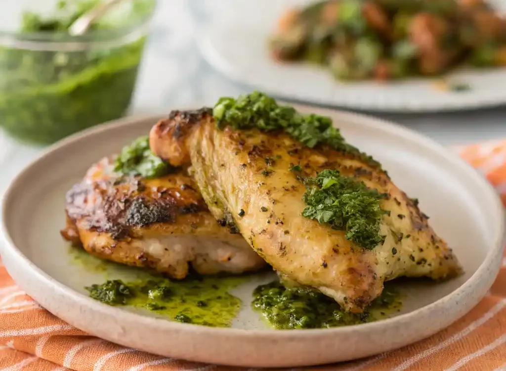 Chimichurri chicken air fryer recipe served with vibrant chimichurri sauce over crispy air-fried chicken.