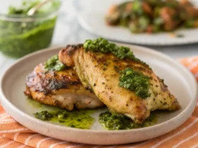 Chimichurri chicken air fryer recipe served with vibrant chimichurri sauce over crispy air-fried chicken.