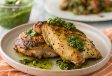 Chimichurri chicken air fryer recipe served with vibrant chimichurri sauce over crispy air-fried chicken.