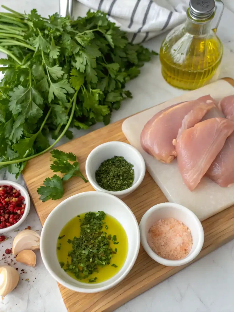 Flavorful Chimichurri Chicken Air Fryer Recipe 14 Chimichurri chicken air fryer ingredients chicken thighs, fresh parsley, garlic, olive oil, red wine vinegar, lemon juice, and spices.