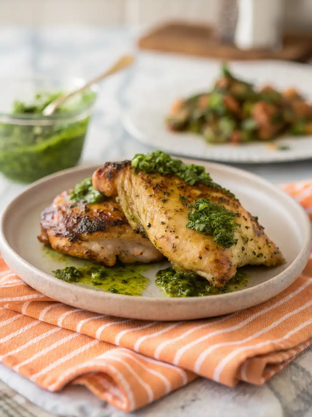 Flavorful Chimichurri Chicken Air Fryer Recipe 15 Chimichurri chicken air fryer recipe served with vibrant chimichurri sauce over crispy air-fried chicken.