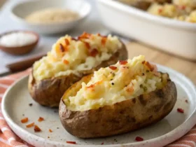 Twice Baked Potatoes Air Fryer – golden, cheesy, and crispy potato skins served warm on a white plate.