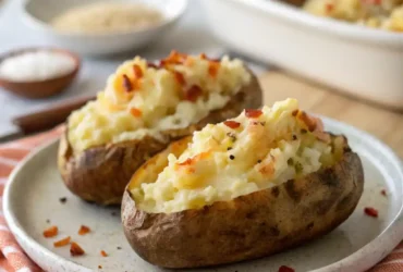 Twice Baked Potatoes Air Fryer – golden, cheesy, and crispy potato skins served warm on a white plate.