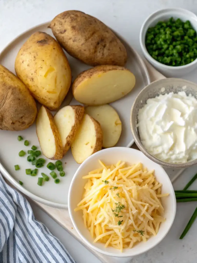 Twice Baked Potatoes Air Fryer Recipe 14 Ingredients for Twice Baked Potatoes Air Fryer including baked potatoes, shredded cheese, sour cream, bacon, and green onions.