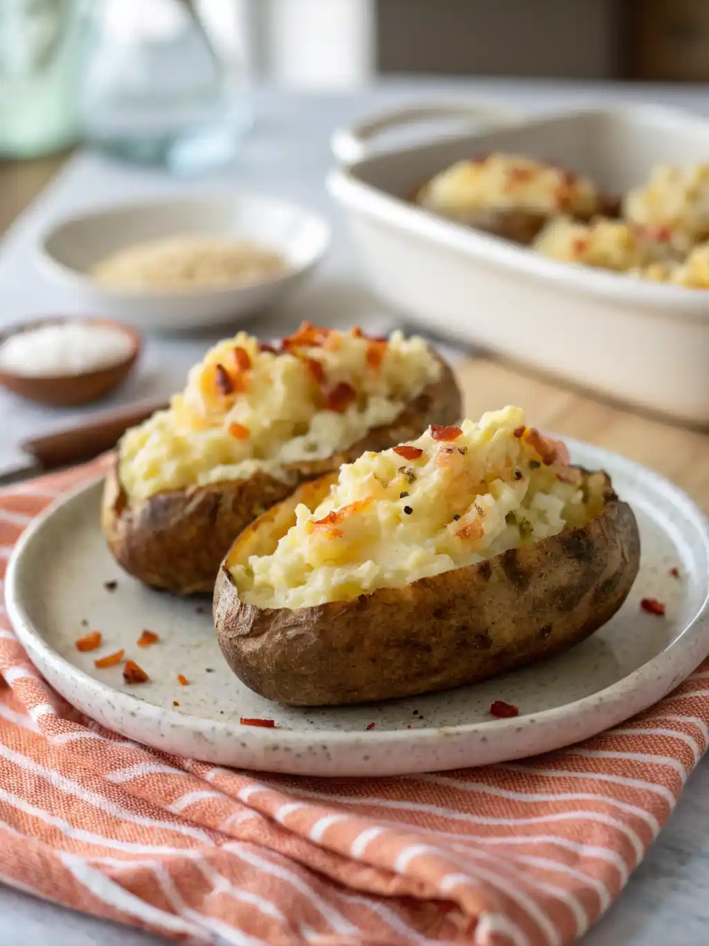 Twice Baked Potatoes Air Fryer – golden, cheesy, and crispy potato skins served warm on a white plate.