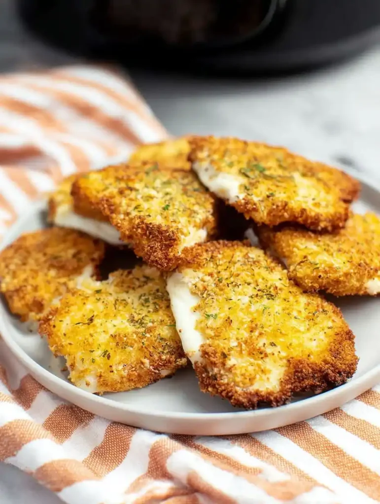 10 Minutes Air Fried Mozzarella Slices – Gooey & Crispy 25 Crispy golden air fried mozzarella slices on a plate
