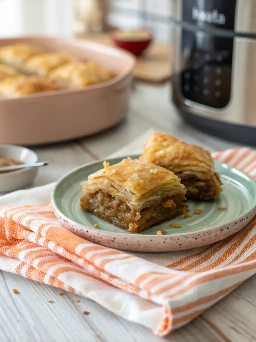 Golden crispy air fryer baklava topped with honey and nuts