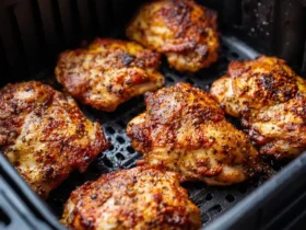 Seasoned boneless chicken thighs arranged in the air fryer basket