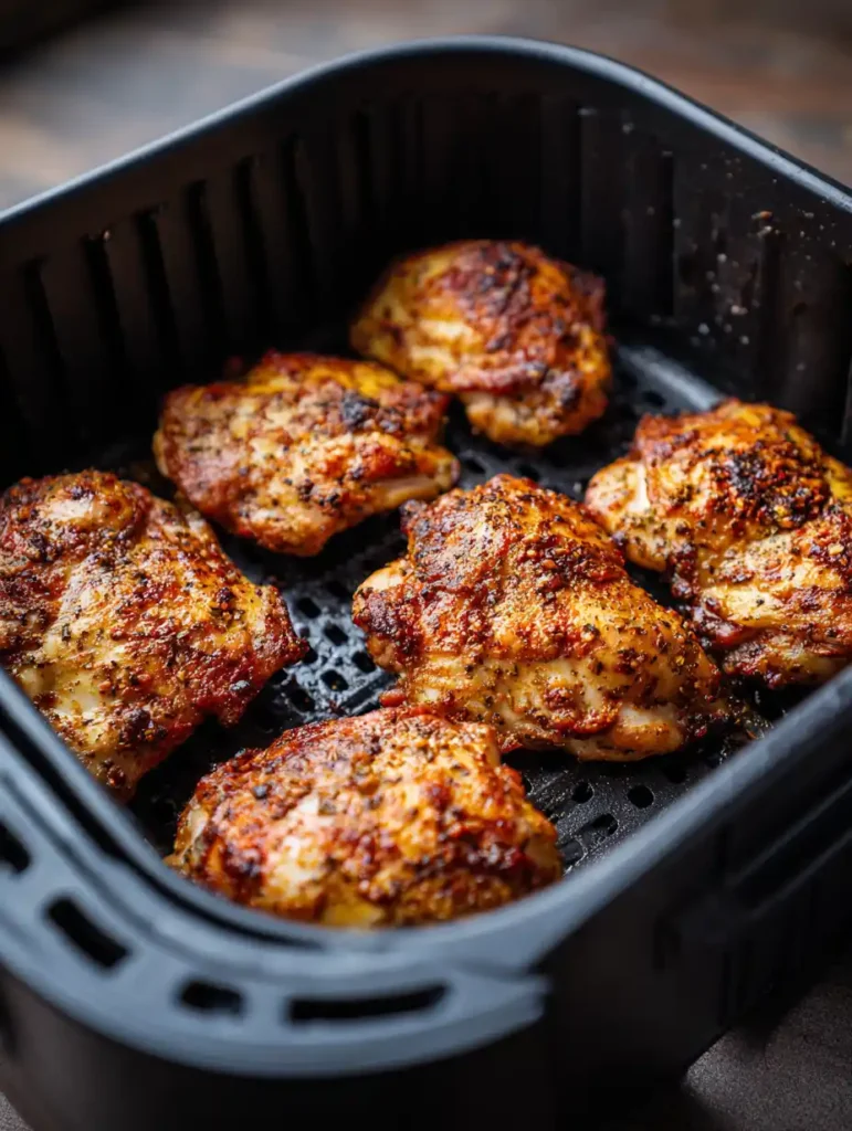 Easy Air Fryer Boneless Chicken Thighs 28 Seasoned boneless chicken thighs arranged in the air fryer basket