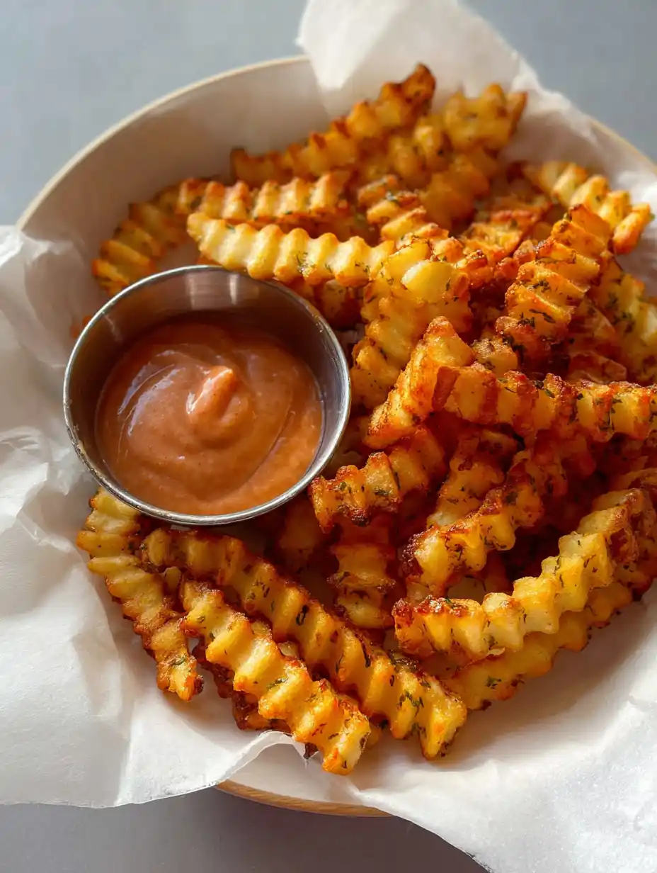 Air fryer crinkle cut fries served with ketchup