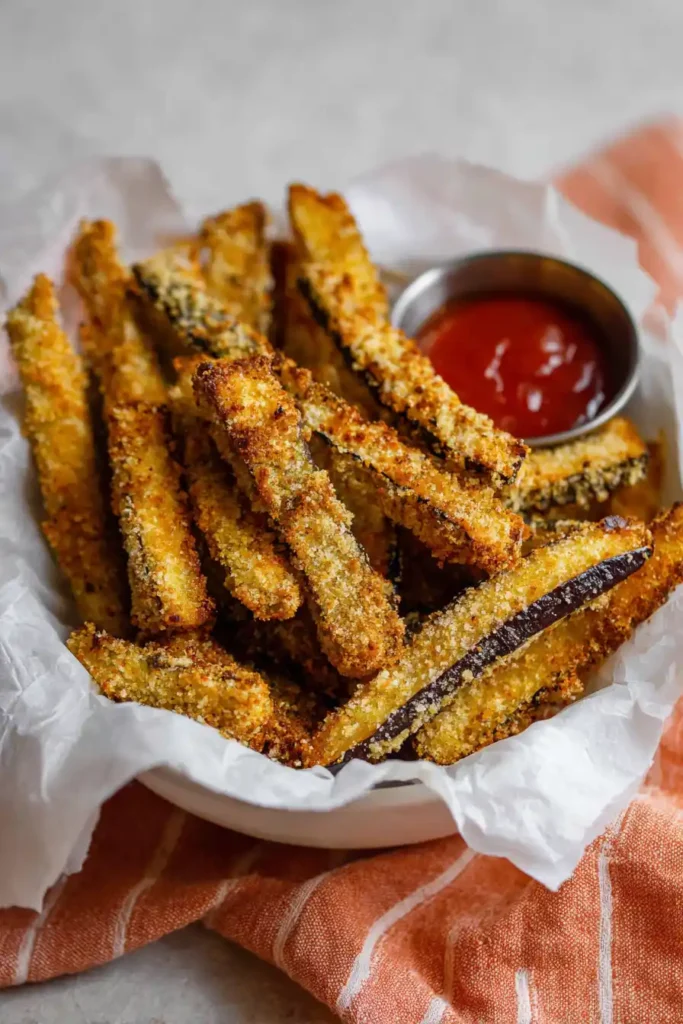 20 Minutes Air Fryer Eggplant Fries – Crispy & Healthy 25 Crispy golden air fryer eggplant fries stacked on a plate
