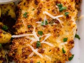 Golden air fryer parmesan crusted chicken on a plate