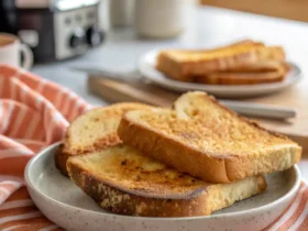 Golden slices of air fryer toast on a plate