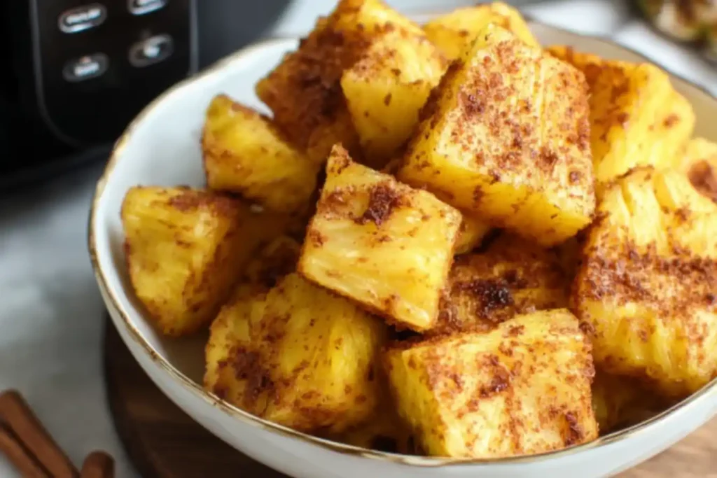 Easy Air Fryer Pineapple – Perfect Appetizer or Side Dish 25 Caramelized air fryer pineapple slices on a plate