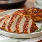 Juicy golden air fryer thin chicken breasts on a plate