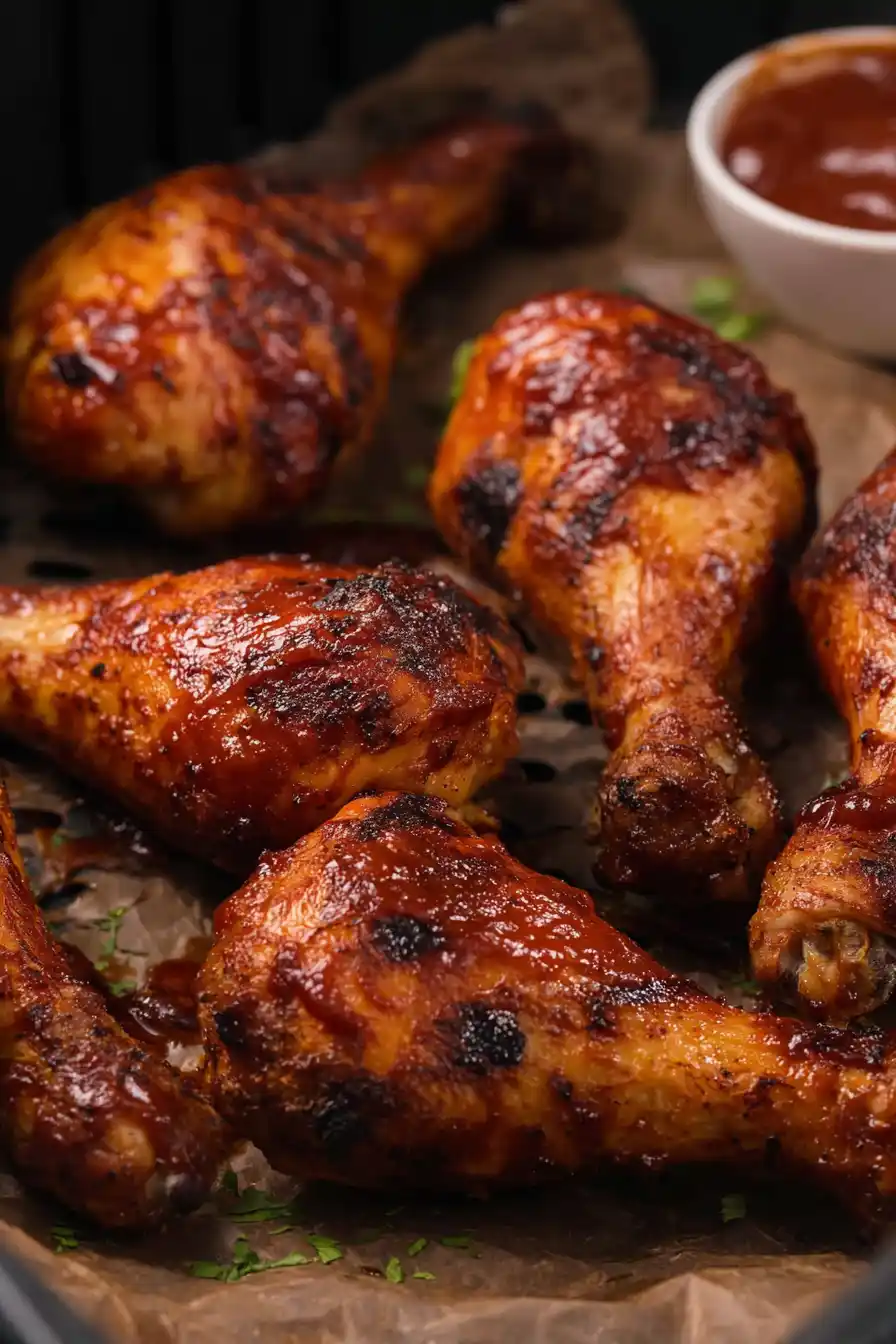 Air Fryer BBQ Chicken Drumsticks – Juicy, Crispy & Flavorful 27 BBQ chicken drumsticks cooking in the air fryer basket