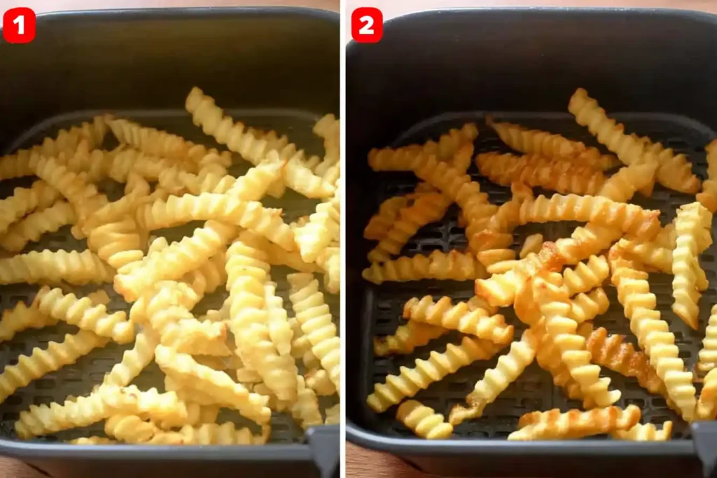 Crinkle cut fries cooking in the air fryer basket