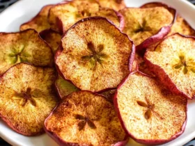 A plate piled high with golden-brown Air Fryer Apple slices, showing the distinctive star pattern of the core and reddish edges.